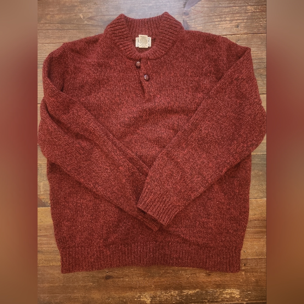 LL Bean Sweater Mens Extra Large Lambswool Henley Rust Brown XL